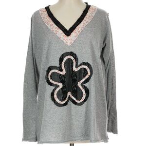 POL Gray, Floral and Lace Long Sleeve Top